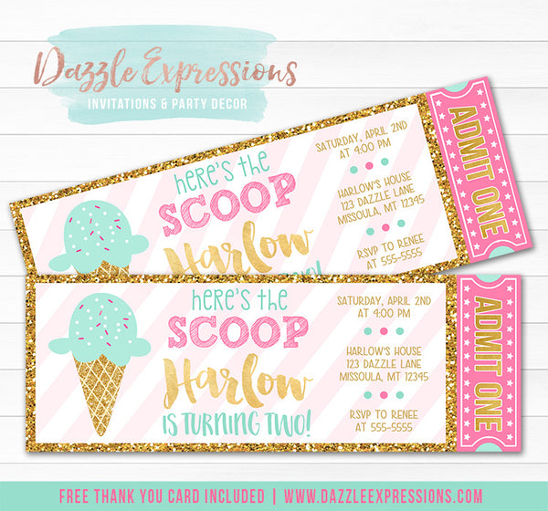 Ice Cream Glitter Ticket Invitation 1 FREE thank you card Dazzle