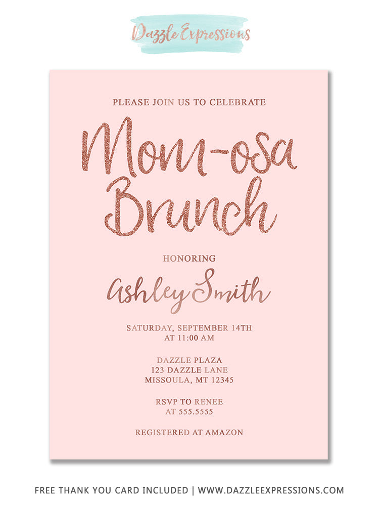 rose gold momosa brunch baby shower invitation - free thank
