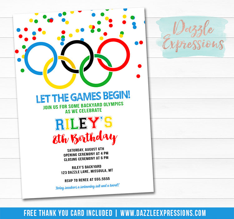 Olympic Games Invitation FREE thank you card included Dazzle