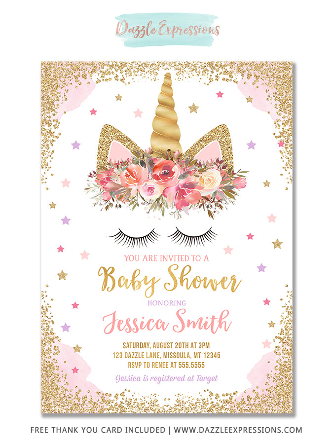 unicorn baby shower invitation 3 - free thank you card