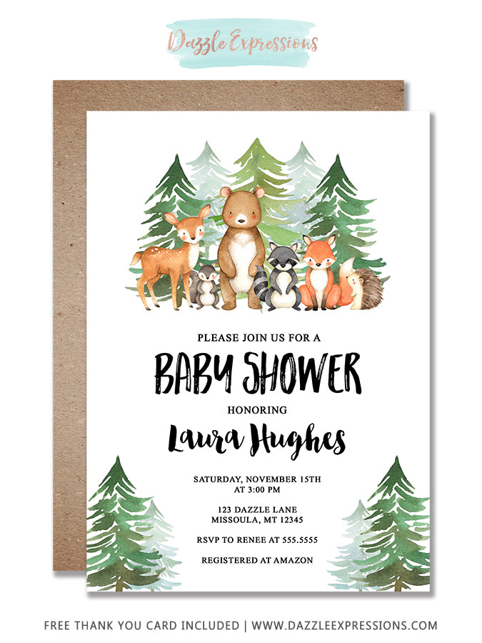 watercolor woodland baby shower invitation 2 - free thank