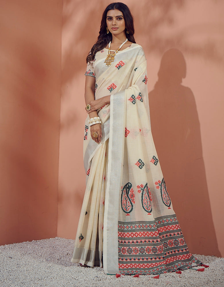 Liva Linen Saree Off White (LV/V1) – Aura Studio India