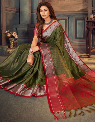 Dark green maroon handwoven cotton silk kanchi saree with zari border –  GoCoop