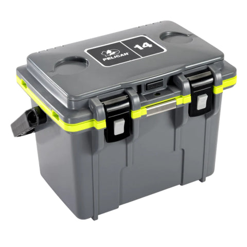 Close 14QT Pelican Cooler in grey and green