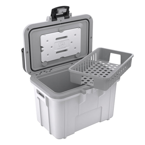 Open Pelican 8QT cooler with basket shown at the side