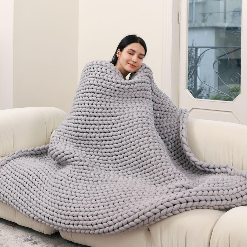 ZonLi Handmade Chunky Knit Weighted Blanket, Light Grey Zonli