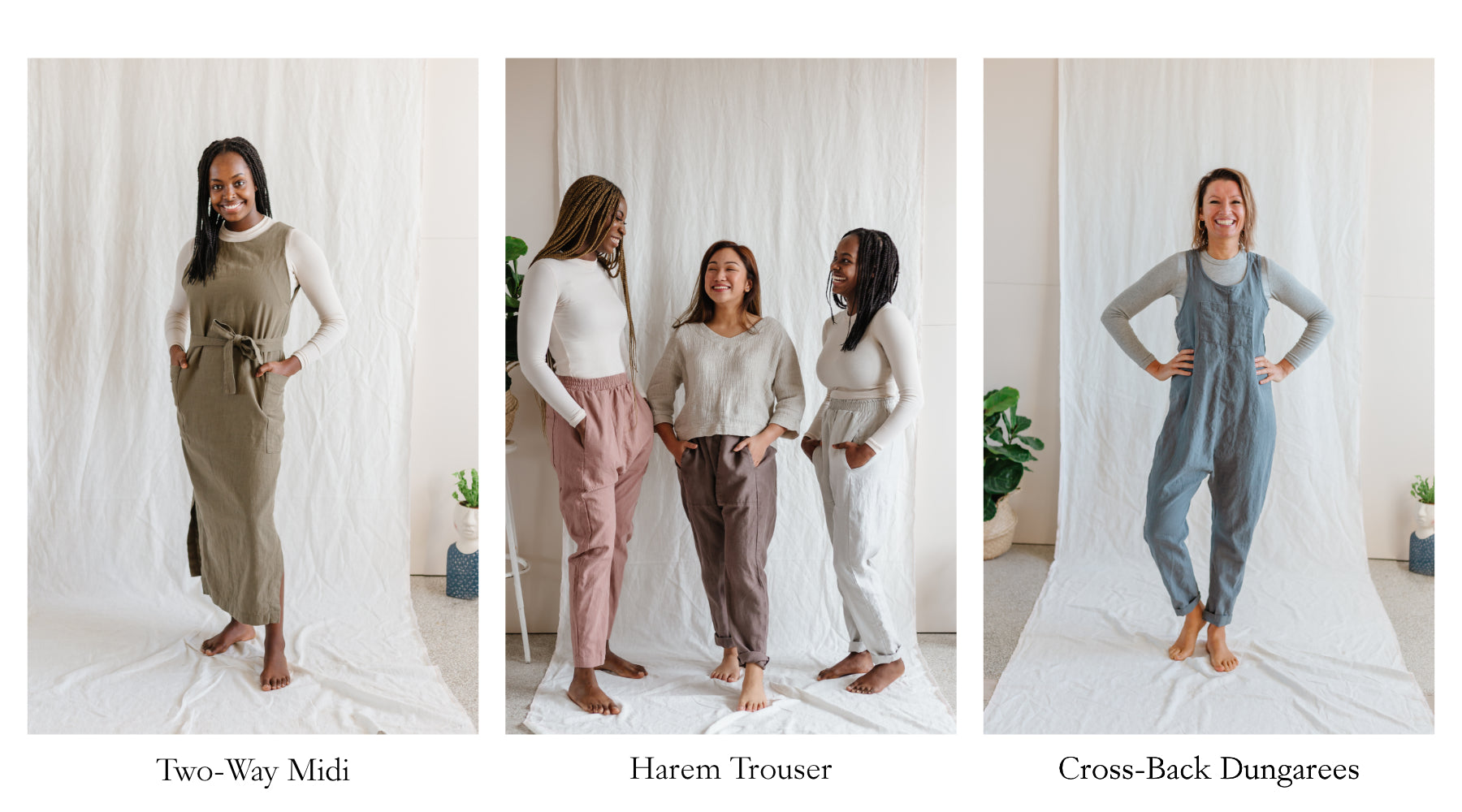 models wearing different style of linen garments