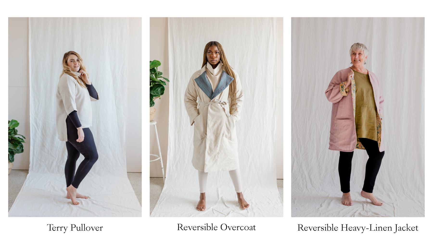 models wearing cotton pullover and linen jackets