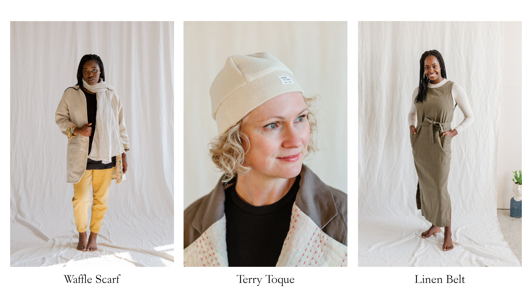 models wearing cotton toque and linen scarf and belt