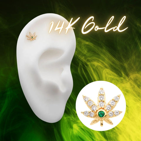 14k Gold Weed Leaf Earring with Diamonds