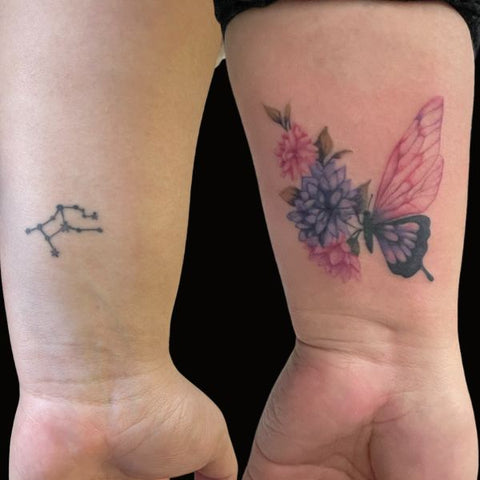Colorful Butterfly Made Of Flowers Tattoo Cover Up Best Cover Up Tattoo Ideas