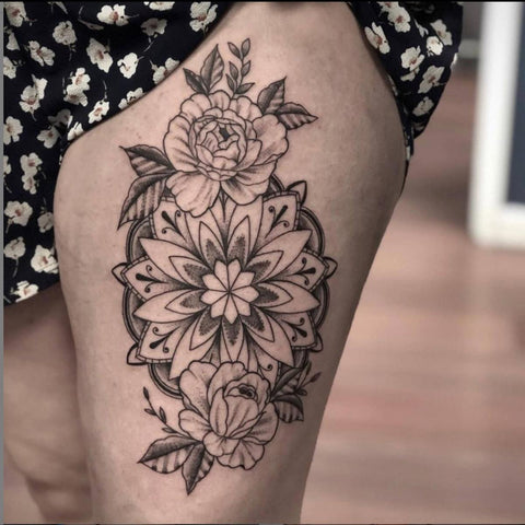 Example of varied shading  Flower hip tattoos Black and white flower  tattoo Flower vine tattoos