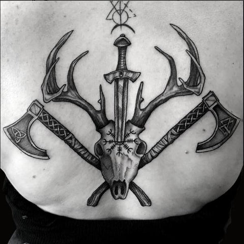 Helm Of Awe and Viking Axes with Skull Tattoo Best viking Tattoo Ideas