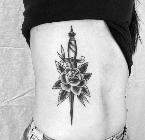 Knife and Roses Side Tattoo