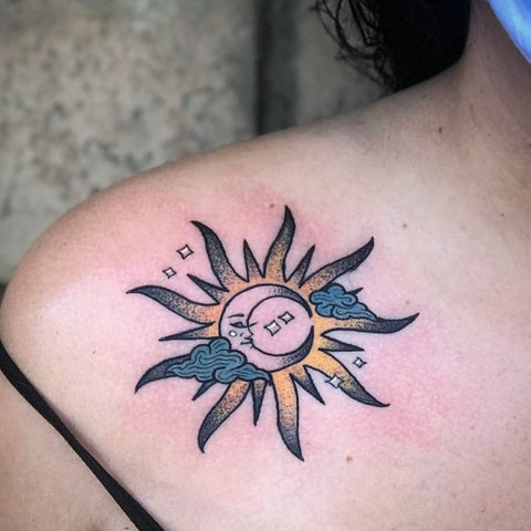 Tattoo uploaded by Jenny Harper  Traditional sun and moon on back of thigh  traditional sunandmoon blackandwhite sun moon  Tattoodo