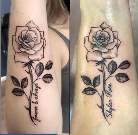 Rose with Script Couples Tattoos