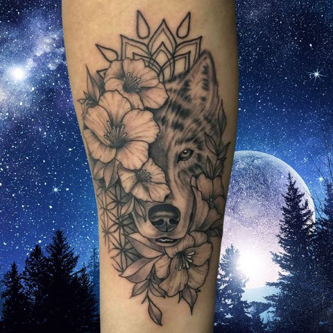 Wolf With Flowers and Geometric Signs Tattoo Best Wolf Tattoos