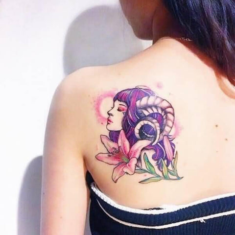 Woman with Rams Horns and Flower Aries Tattoo  Best Aries Zodiac Sign Tattoo Ideas