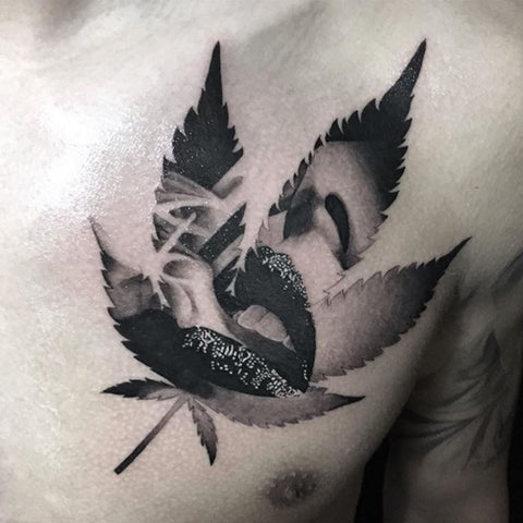 weed leaf with girls mouth tattoo