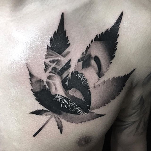 Weed leaf outline with lips Tattoo