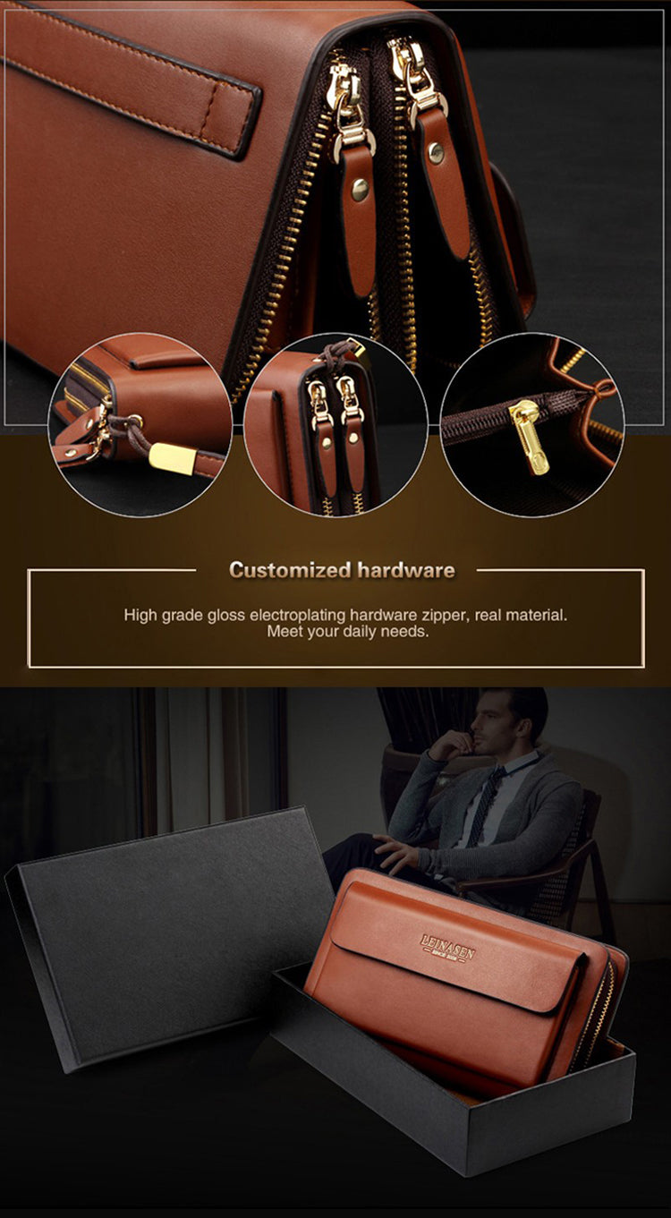 Fashion Business Mens Brand Clutch Bags Leather Phone Credit Card Organizer  Large Men Zipper Hand Bag Gift For Men(Black)