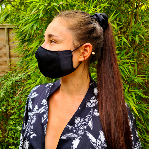 Ethical Kind Organic Peace Silk Face Mask Modelled in Black