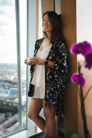 Ethical Kind with Sarah Highfield in Organic Peace Silk Camisole Set and Kimono Gown