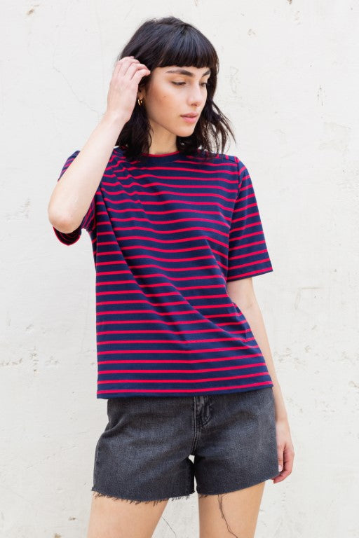 Billy blue and red stripes short sleeves  t- shirt