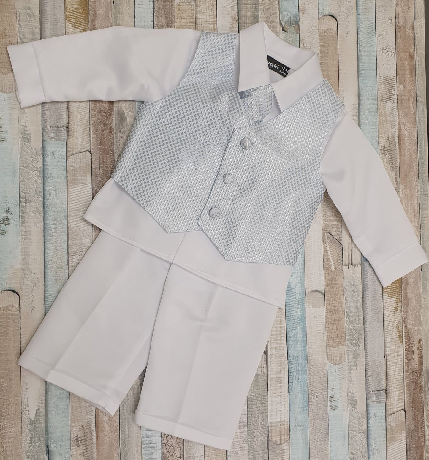 Vivaki White Christening Suit With Pale Blue Waistcoat – Nana B Baby ...