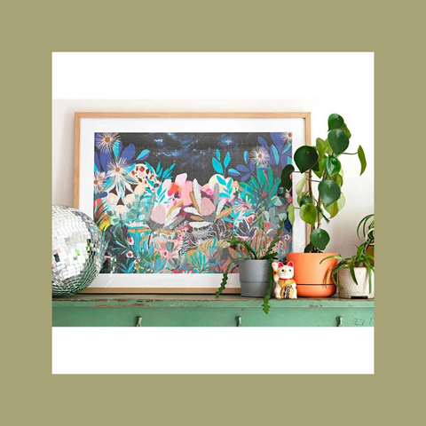 abstract puzzle on shelf with plants and disco ball