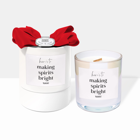 Tokki Making Spirits Bright Holiday Candle with Red Tokki Bow-Card