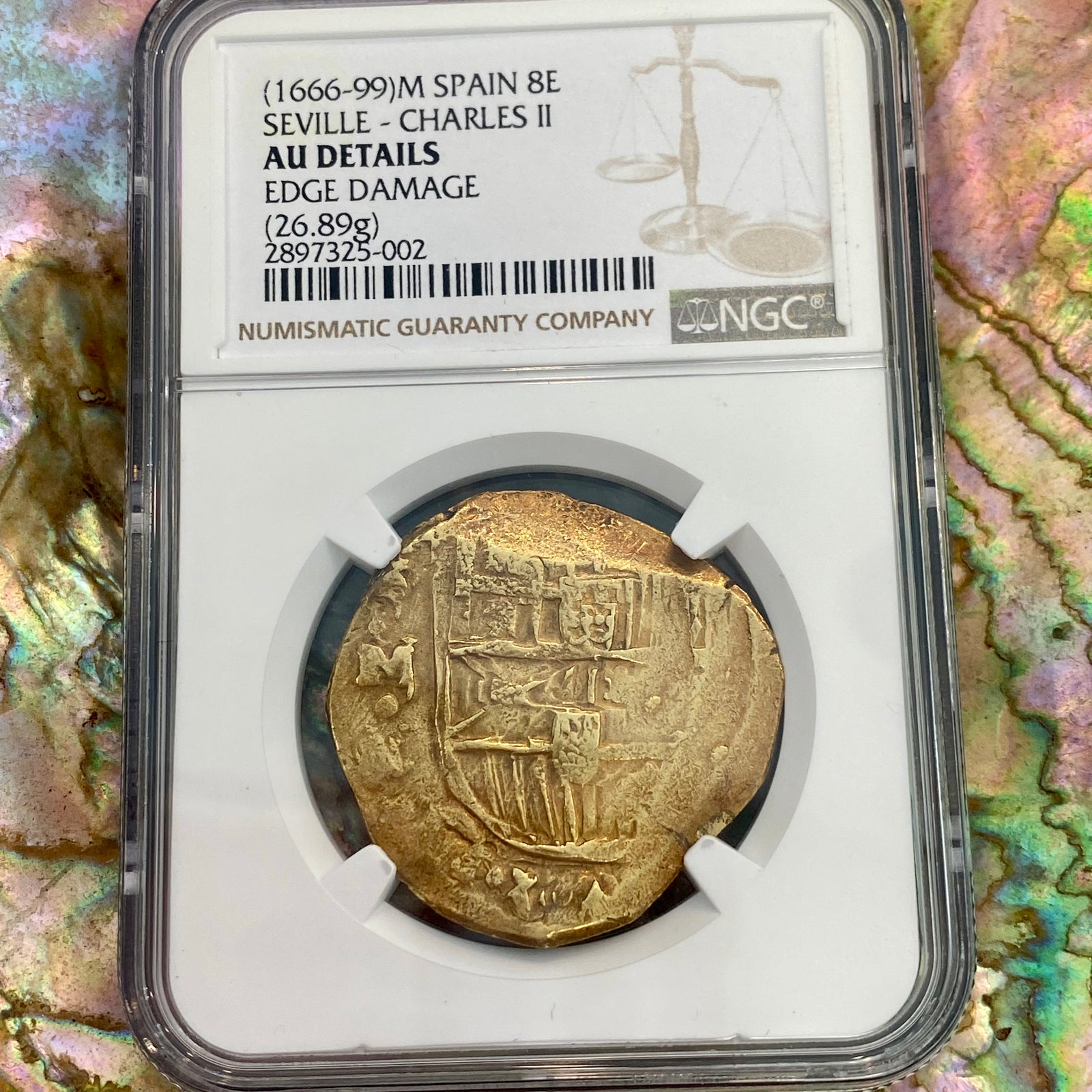 Authentic 2 Escudos Cob - Minted in Seville, Spain - Grade NGC AU 53 - -  Shipwreck Treasures of the Keys