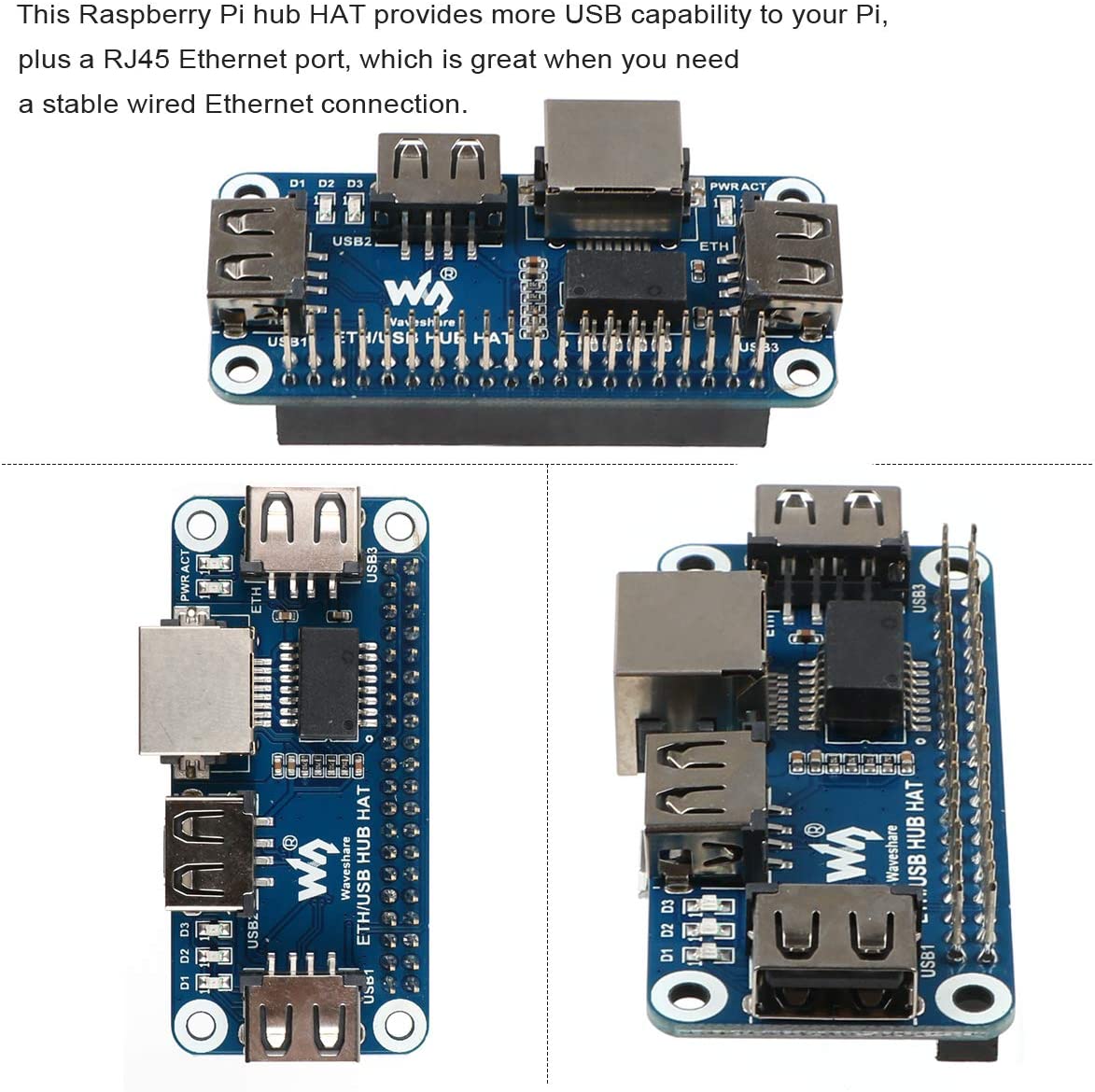 のサイズと イーサネット/USB HUB HAT 拡張ボード Raspberry Pi 4B/3B