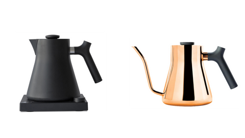 Both corvo and gooseneck kettles. The corvo kettle is from Fellow and the gooseneck is from brand Tiamo. 