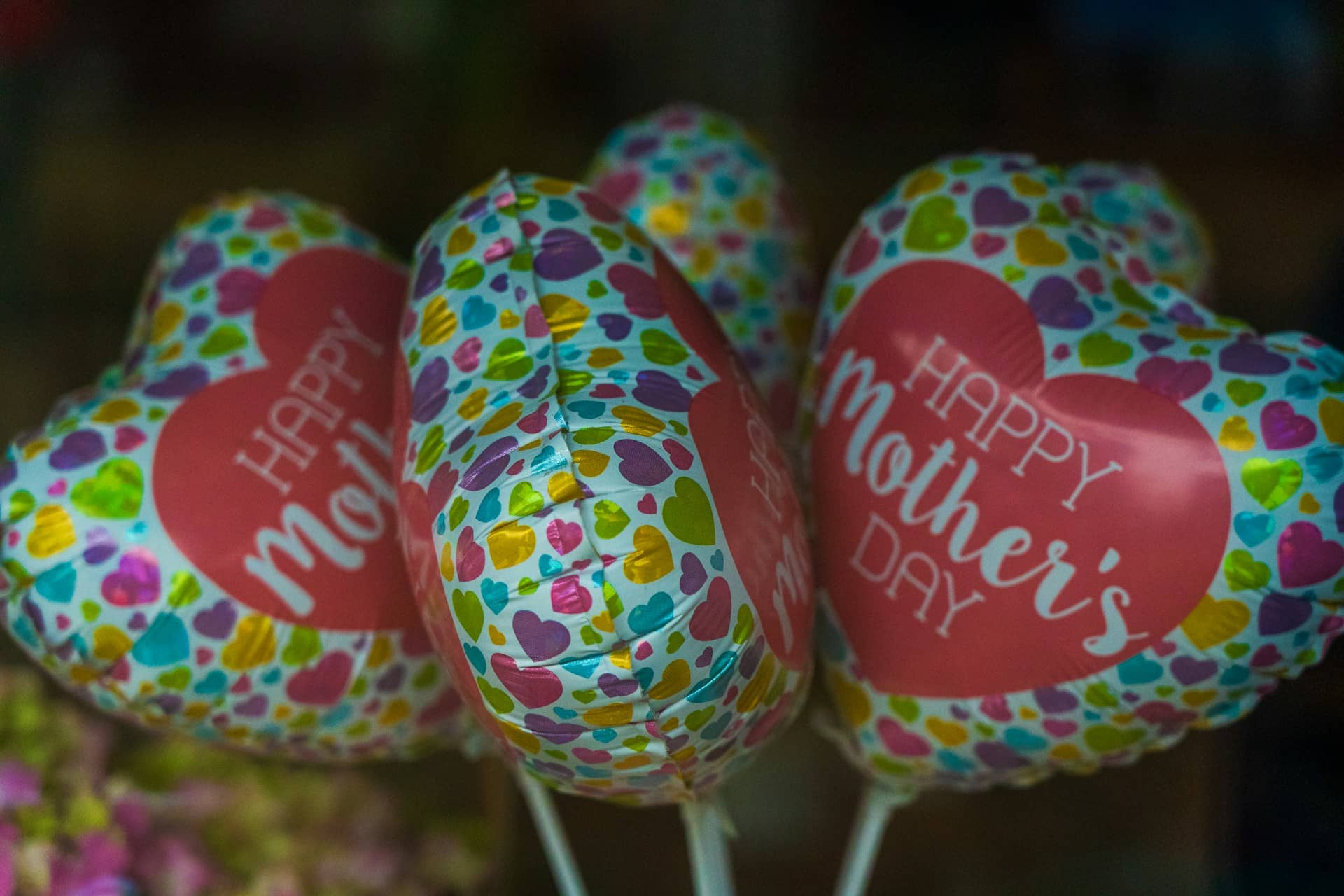 A bouquet of heart-shaped balloons saying Happy Mother’s Day
