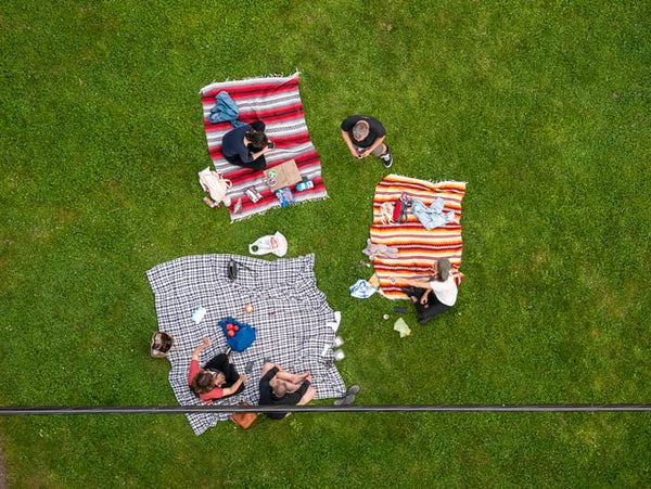 People relaxing on picnic blankets
