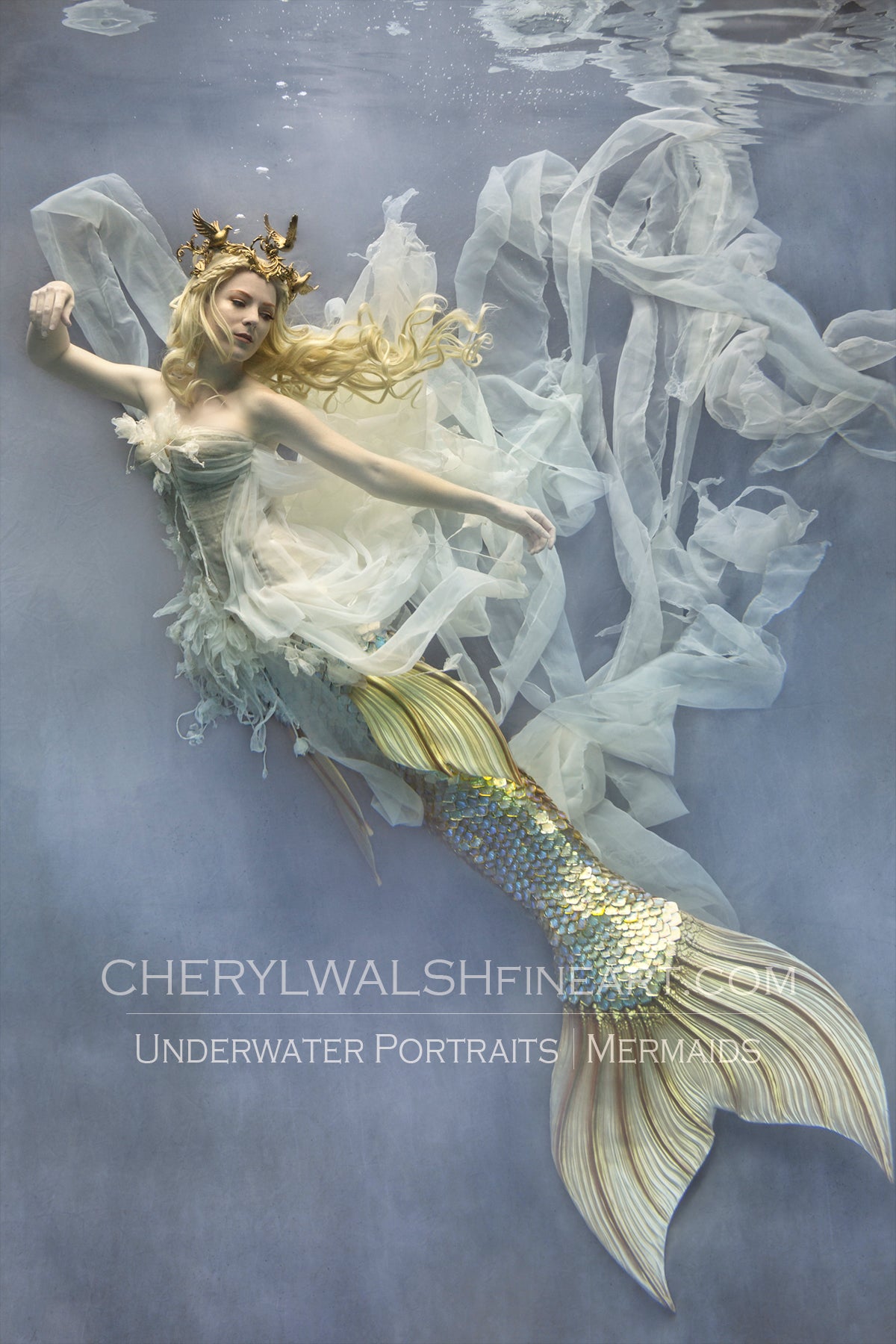 40x60 Unframed Rosewater Mermaid 02 in large gold frame – Cheryl Walsh