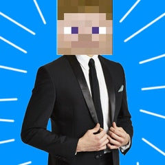 An icon for writer RD White, it has a blue background and from the neck down its is a white person wearing a suit and tie. From the neck up it is the pixelated image of a blue-eyed brown-haired white person.