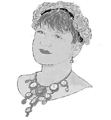 A drawing of writer Gabiann Marin, she is a white woman with dark-ish hair wearing an ornate necklace with matching earrings and a crown of flowers on her head