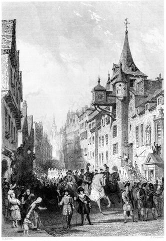 The Canongate. During the procession of his Majesty George Ivth. (Edinburgh, Augt. 22nd. 1822)'. Artist/engraver/cartographer: Engraved by J. Cousen; Drawn by T. Allom. Provenance: "Scotland"; by William Beattie, M.D.