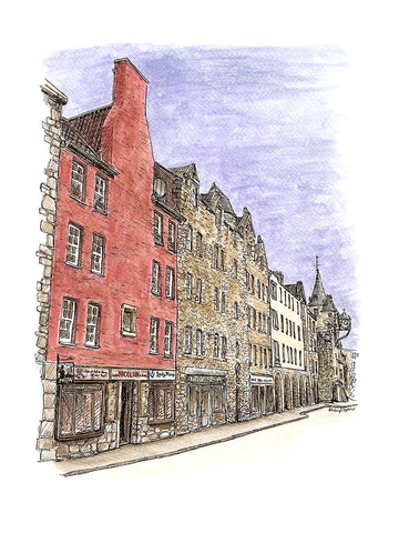 Our distinctive Red Tenement building on the Canongate, depicted by The Edinburgh Sketcher