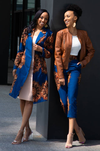 african jackets. blue trench coat. african pant for women. trench coat for fall