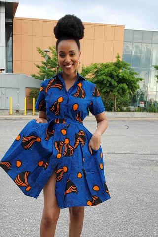 blue dress. blue shirt dress. African dresses.