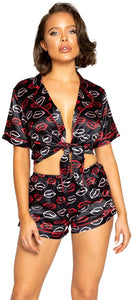 Roma Confidential BLACK/RED & PINK Satin Lips Pajama Shorts Set, US Medium