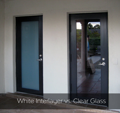 Clear versus white interlayer in impact-resistant doors for hurricane protection.