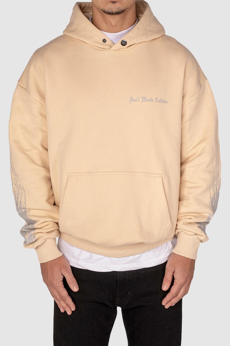 Oversized Streetwear Hoodie Créme screen printed arms chest back