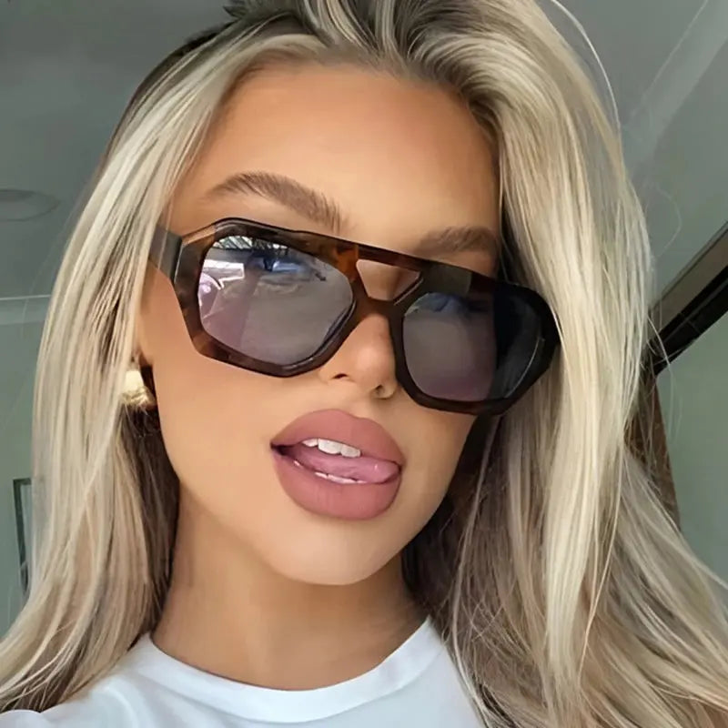 Surendra 01 - Vintage Square Sunglasses for Women Men Thick Frame Double Bridges Eyewear Female Fashion Chic Polygon Sun Glasses Leopard Blue Wicked Tender