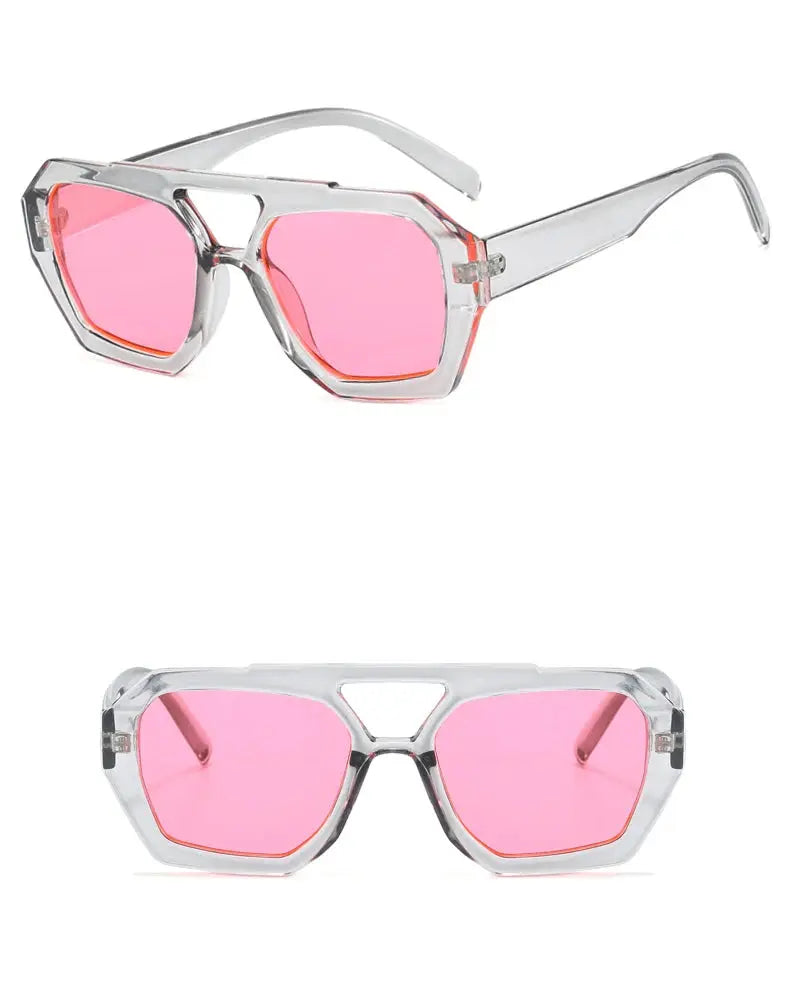 Surendra 01 - Vintage Square Sunglasses for Women Men Thick Frame Double Bridges Eyewear Female Fashion Chic Polygon Sun Glasses Leopard Blue Wicked Tender