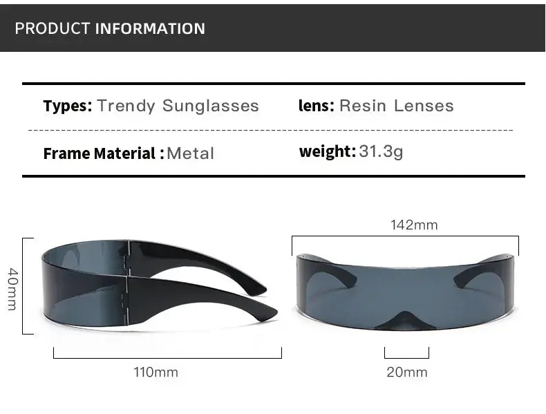 Surendra 13 - Cyberpunk Goggles Futuristic Party Glasses One Piece Wrap Around Silver Mirror Sunglasses Women Men Sunnies Shades Sun Glasses Wicked Tender