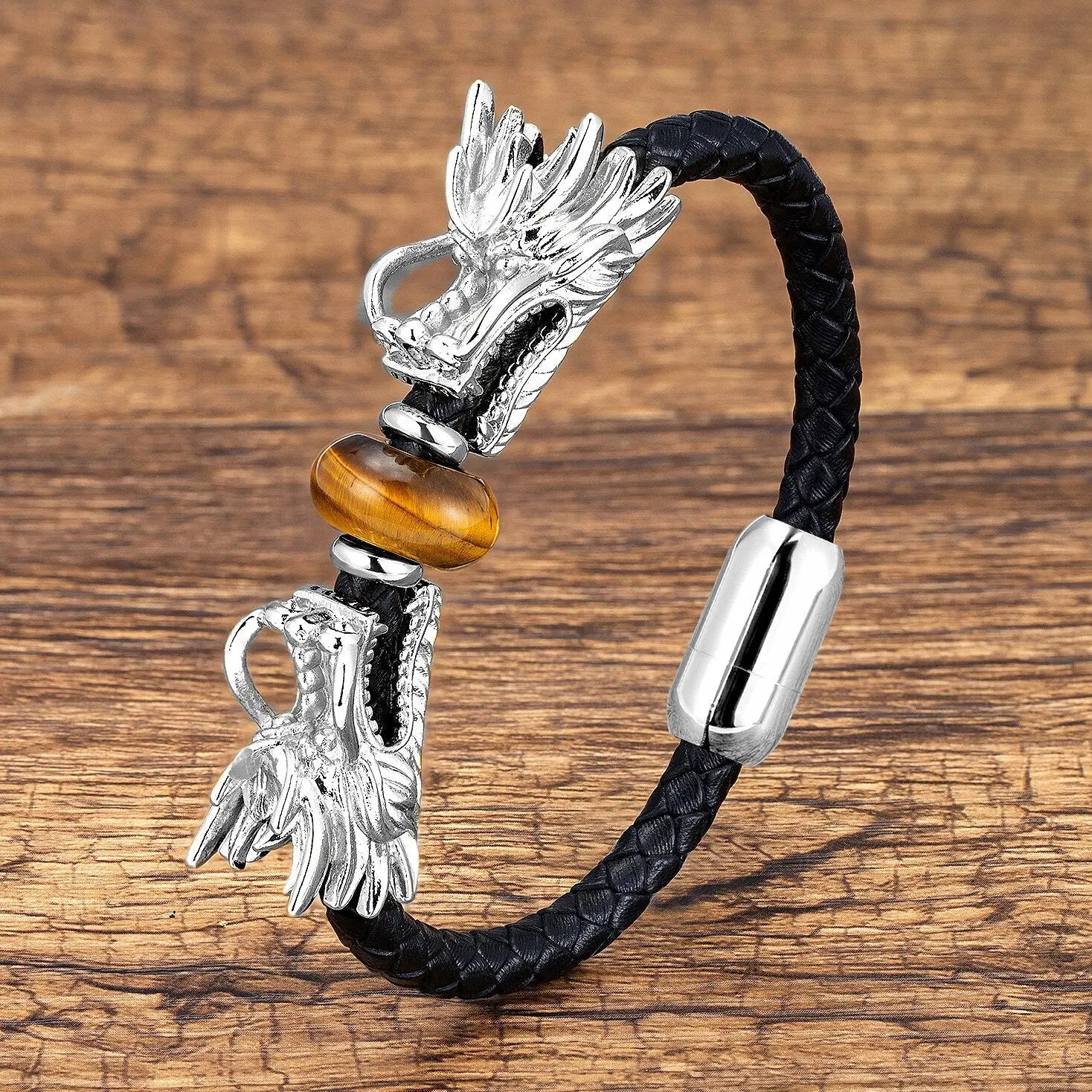 Twin Dragon - Tiger Eye Chinese Dragon Bracelet Braided Leather Mens ...